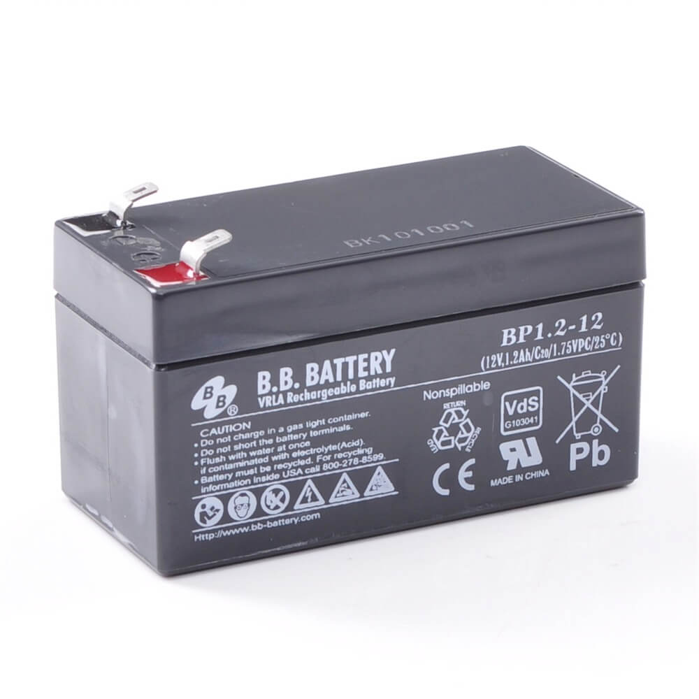 12V 1.2Ah Batterie au plomb (AGM), B.B. Battery BP1.2-12, VdS, 97x45x50 mm  (Lxlxh), Borne T1 Faston 187 (4,75 mm)