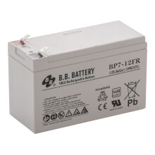 12V 7Ah Batterie au plomb (AGM) ignifuge, B.B. Battery BP7-12FR, VdS, difficilement inflammable, 151x65x93 mm (Lxlxh), Borne T2 Faston 250 (6,3 mm)