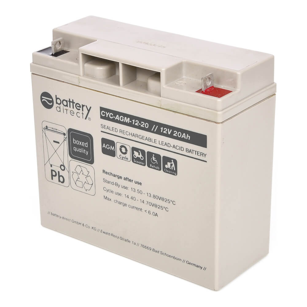 12V 20Ah batterie cyclique au plomb, battery-direct CYC-AGM-12-20,  181x76x166 mm (Lxlxh), Borne