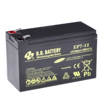 12V 7Ah Batterie au plomb (AGM), B.B. Battery EP7-12, 151x65x93 mm (Lxlxh), Borne T2 Faston 250 (6,3 mm)