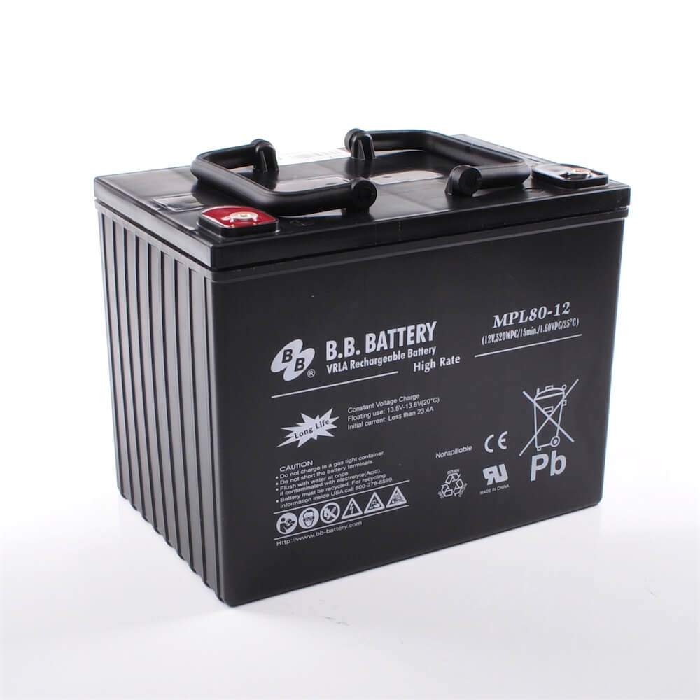 12V 80Ah Batterie au plomb (AGM), B.B. Battery MPL80-12 H, 261x173x200 mm  (Lxlxh), Borne I2 (